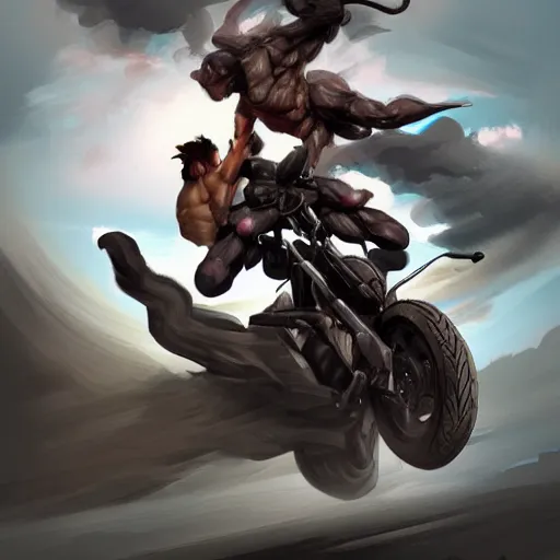 Image similar to muscular man riding jumping motorcycle through the air from demons, digital painting, muted colors, illustration, artgerm, artstation