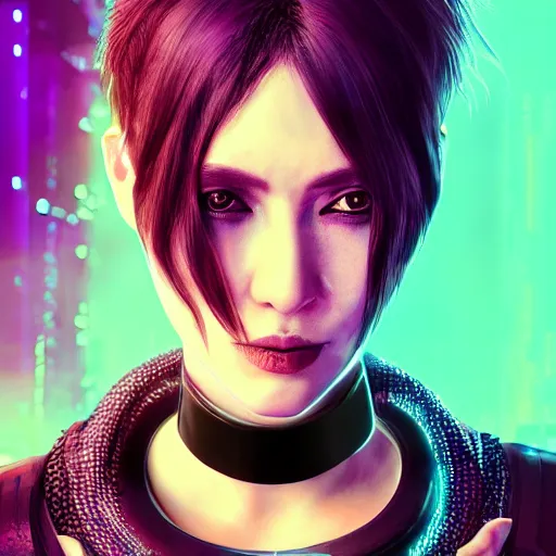 Image similar to detailed realistic cyberpunk female character cyberpunk wearing large steel collar around neck, realistic, art, beautiful, 4K, collar, choker, collar around neck, punk, artstation, detailed, female, woman, choker, cyberpunk, neon, punk, collar, choker, collar around neck, thick collar, choker around neck, wearing choker, wearing collar, bright neon punk hair, collar, choker,