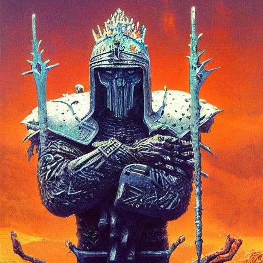 Image similar to ice lord, full body, wearing icy ornamented armor, wearing ice royal crown war helm, beksinski