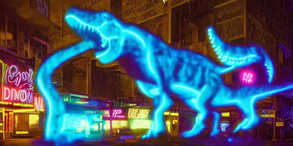 Prompt: screaming dinosaur made of neon light, 1 9 7 0 s street, neon lights, ektachrome photograph, volumetric lighting, f 8 aperture, cinematic eastman 5 3 8 4 film