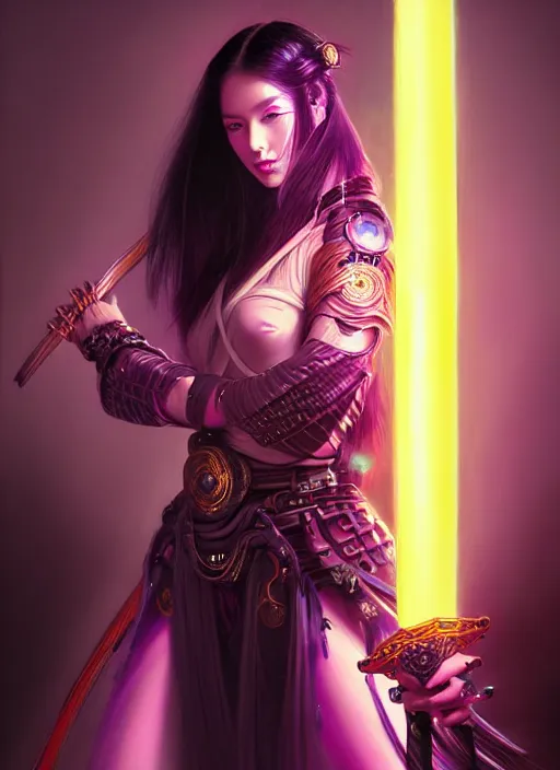 Image similar to portrait of a beautiful woman with long black hair wearing sci - fi samurai armor, holding a katana made from glowing purple energy and runes, intricate, elegant, glowing lights, highly detailed, digital painting, artstation, concept art, smooth, sharp focus, illustration, art by wlop, mars ravelo and greg rutkowski