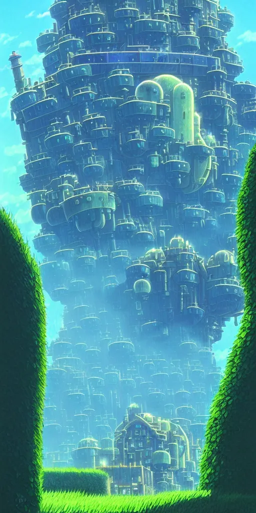 Image similar to a huge blue tiled apartment building of howl's moving castle ghibli, photorealistic, art by vincent di fate nausicaa, ghibli, breath of the wild, epic composition, green plants