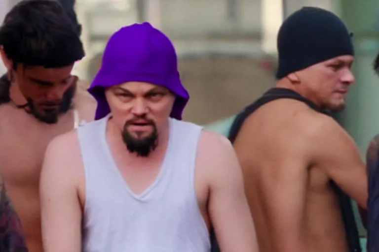 Prompt: medium full shot of leonardo dicaprio as a gang member wearing a purple head covering made from a polyester or nylon material and a stained white tank top caught beating up a rival gang member with his goons, arms covered in gang tattoo, paparazzi, leaked footage, uncomfortable, bad quality