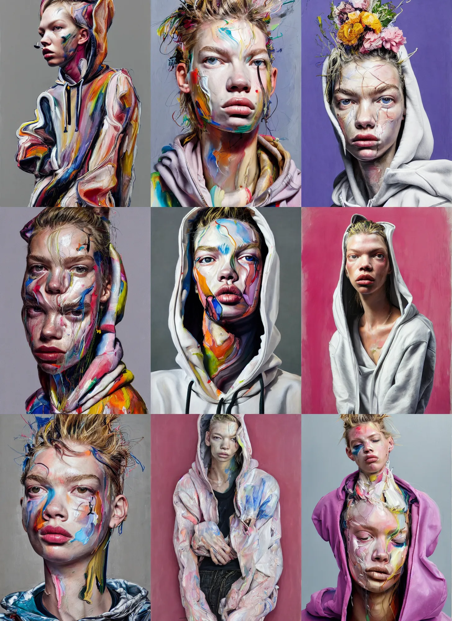 Prompt: painting by jenny saville of stella maxwell wearing a hoodie standing in a township street in the style of jenny saville, street fashion outfit, haute couture fashion shoot, full figure painting by jenny saville, decorative flowers, 2 4 mm, die antwoord yolandi visser