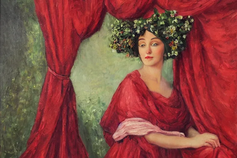 Image similar to oil painting, long view, hight detailed, portrait of woman with flowers in her head in front of red curtain, in style of neodada