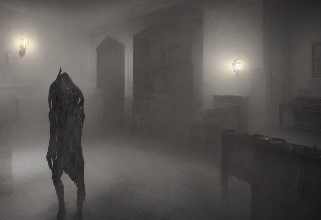Prompt: eldritch demon ghosts in a room of a haunted house. realistic, cinematic lighting, octane tender, dark - art