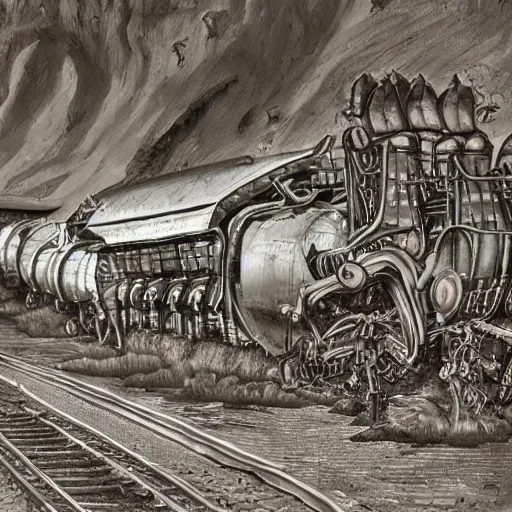 Image similar to boxcar made of human meat and bone, biomechanical railroad, highly detailed, War Photography, by H.R. Giger