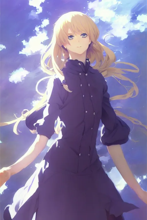 Prompt: greg manchess painting of anime art full body portrait character concept art, anime key visual of violet evergarden, trending on pixiv fanbox, violet evergarden