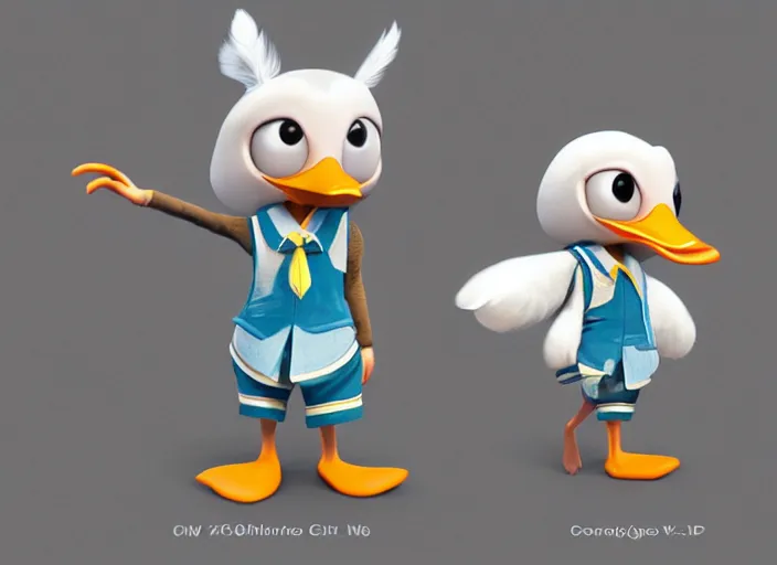 Image similar to award - winning detailed concept art of a cute iconic anthropomorphic duck character wearing a sailor suit. art by wlop, realistic. detailed feathers, art by cheng yi. artstationhd, artgerm, 3 dcg, pixar zootopia. 3 d rendering, high quality model sheet, donald. model sheet detailed