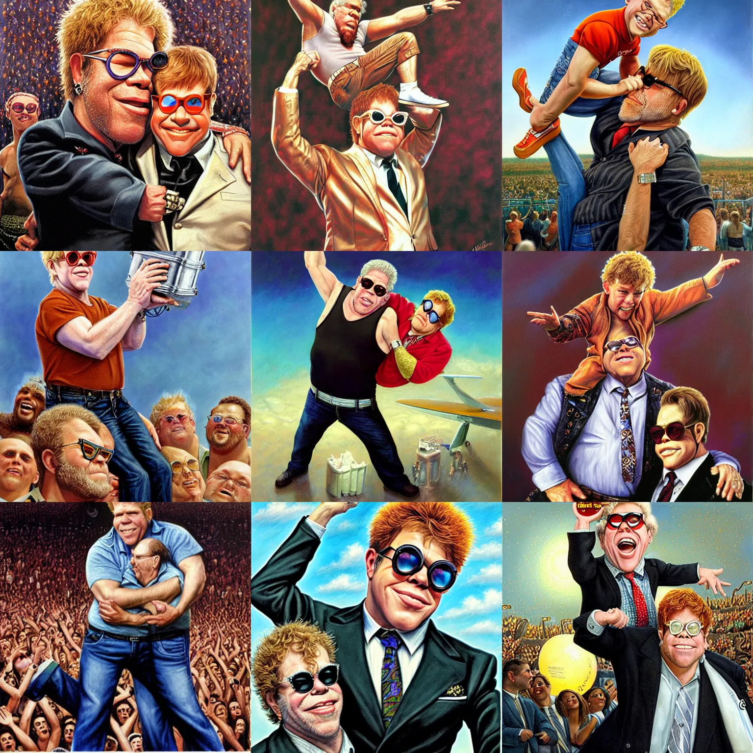 Prompt: Ron Perlman lifting Elton John up over his head, painting by Bob Byerley