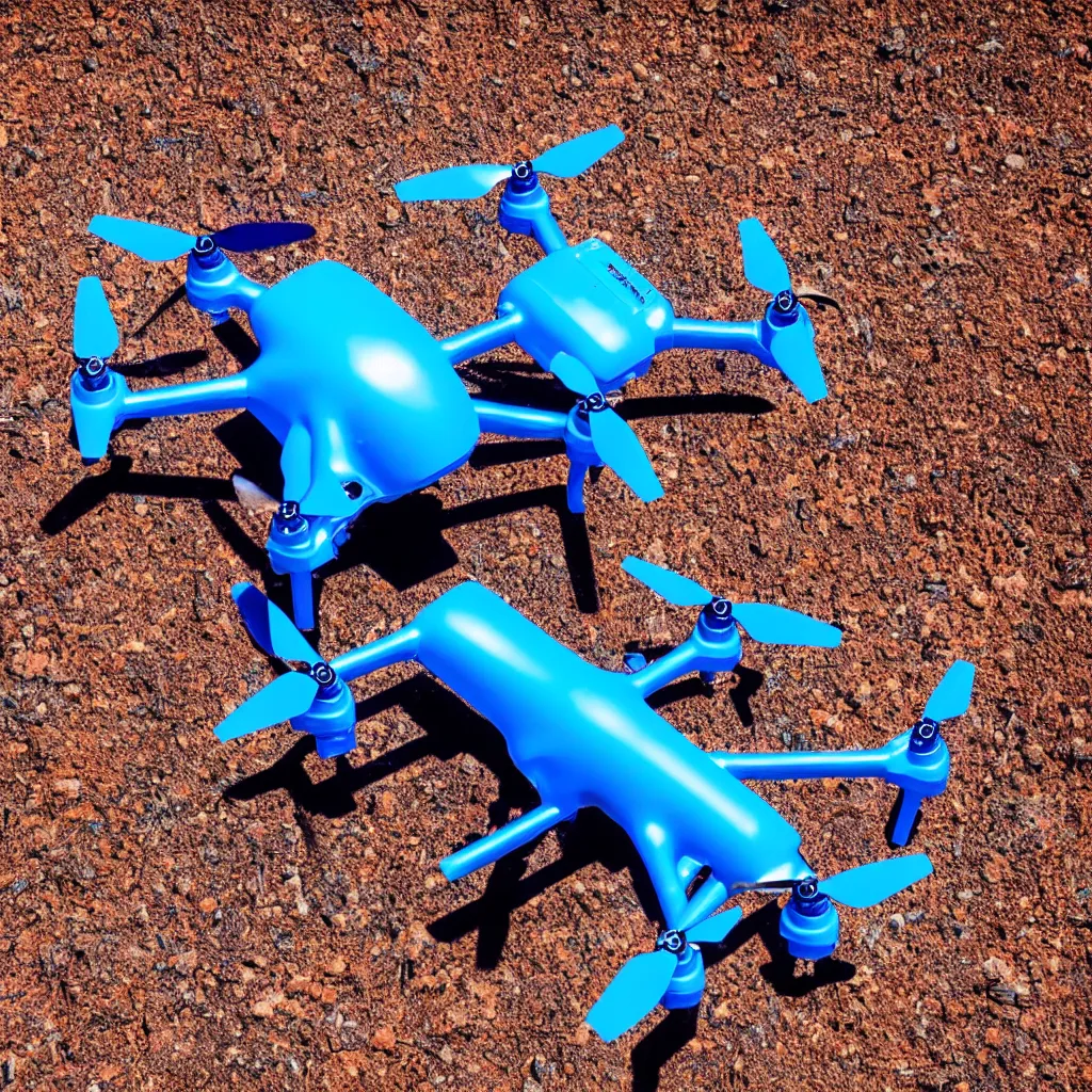 Prompt: bright blue colored drone aircraft shooting insect pests with a laser in the australian desert, XF IQ4, 150MP, 50mm, F1.4, ISO 200, 1/160s, natural light