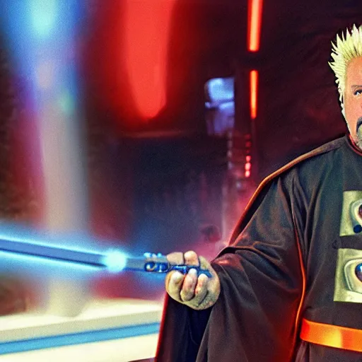 Prompt: Guy Fieri in Star Wars Revenge of the Sith, Jedi Knight, blue light saber, movie still, cinematic, kodak 2383, 35mm anamorphic lens, by George Lucas