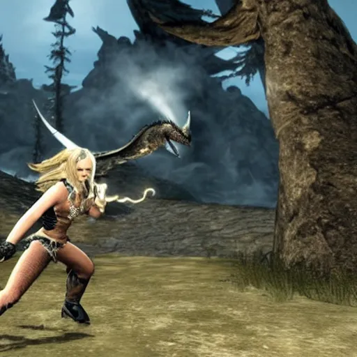 Prompt: Britney Spears fights a dragon in Skyrim