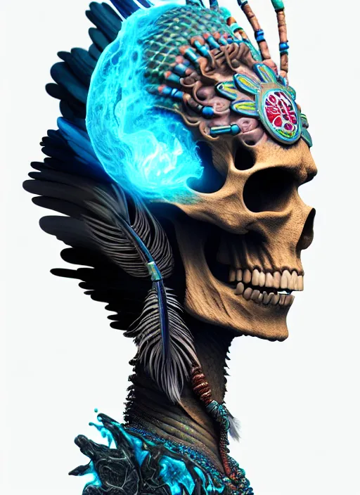 Image similar to 3 d shaman with tattoos profile portrait, sigma 5 0 0 mm f / 5. beautiful intricate highly detailed quetzalcoatl skull and feathers. bioluminescent, plasma, lava, ice, water, wind, creature, thunderstorm! artwork by tooth wu and wlop and beeple and greg rutkowski, 8 k trending on artstation,