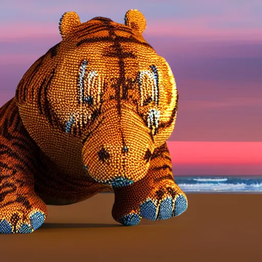 Image similar to a closeup photorealistic photograph of a cute smiling knitted tiger hippopotamus chasing a beachball during sunset. open mouth, surf in the background. professional capture. this 4 k hd image is trending on artstation, featured on behance, well - rendered, extra crisp, features intricate detail, epic composition and the style of unreal engine.