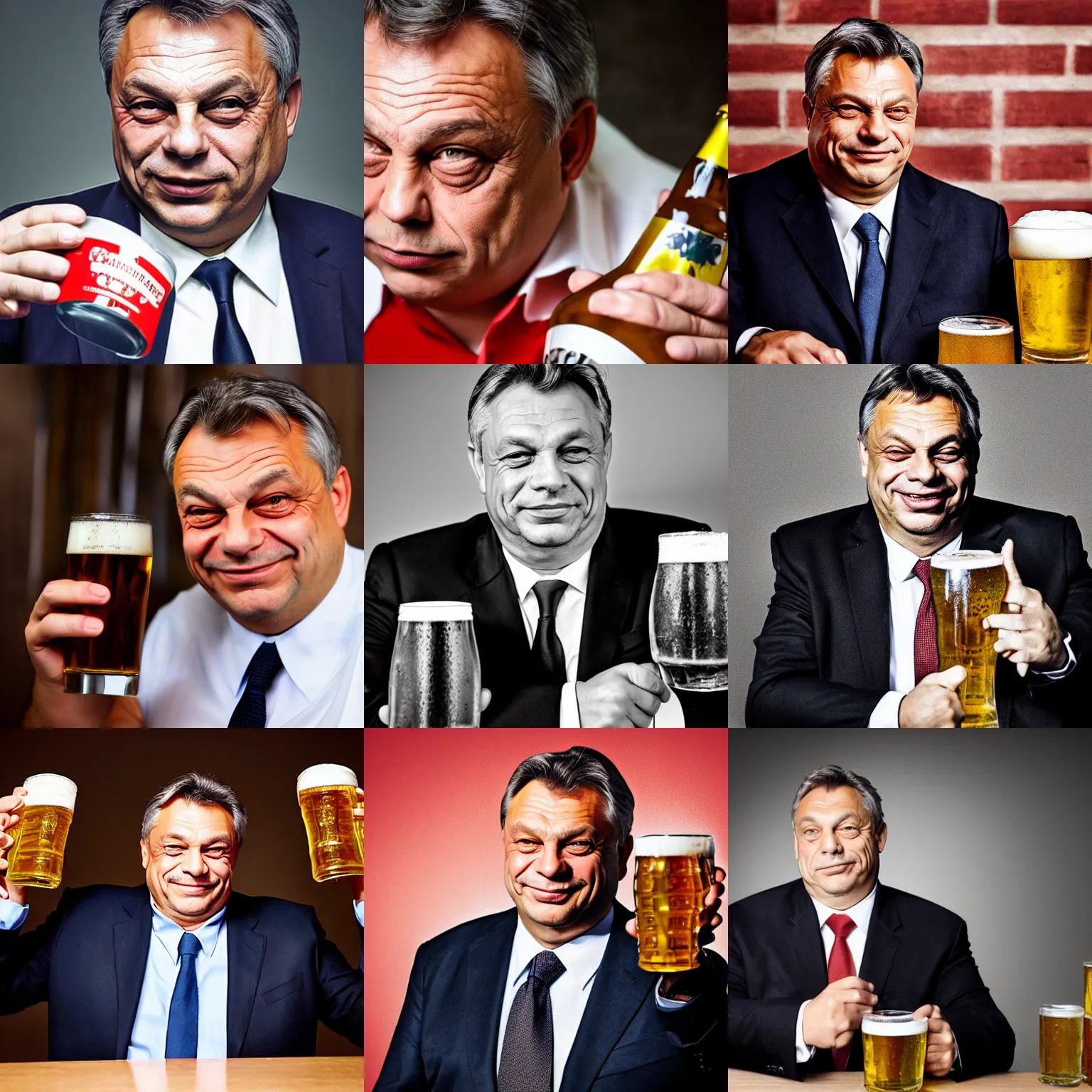 Prompt: headshot magazine cover photo of communist viktor orban winking with beer, studio lighting