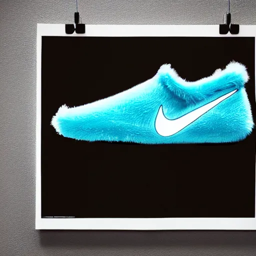 Prompt: poster nike shoe inspired by slippers made of very fluffy cyan and black faux fur placed on reflective surface, professional advertising, overhead lighting, heavy detail, realistic by nate vanhook, mark miner