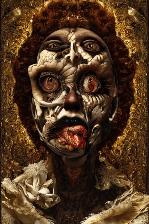 Image similar to Detailed maximalist portrait with large lips and with large wide eyes, surprised expression, surreal extra flesh and bones, HD mixed media, 3D collage, highly detailed and intricate, illustration in the golden ratio, in the style of Caravaggio, dark art, baroque