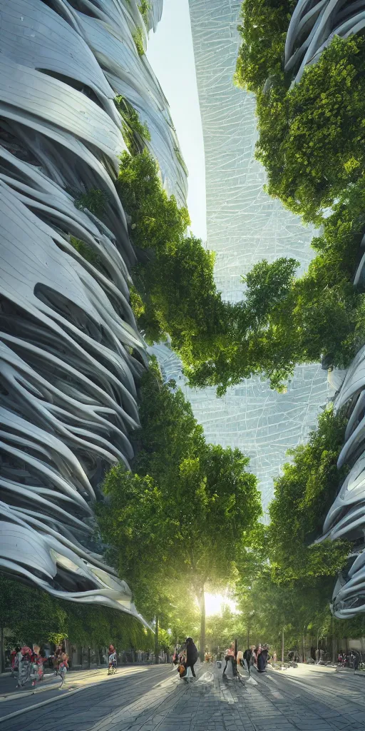 Prompt: street view of green building in city designed by zaha hadid with trees and people walking, birds flying, cinematic, cinematic lighting, sunset photograph, vfx film, ultrarealistic, artstation trending, 8 k