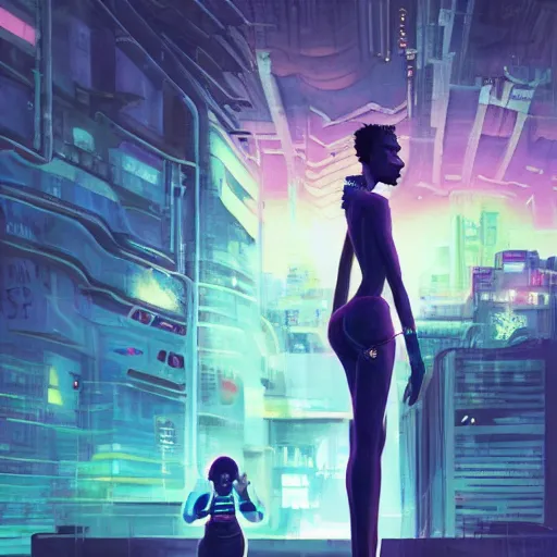 Prompt: afro - cyberpunk deities unseen amongst their creations, a society manifesting dreams with cosmic ancestral magic in a post - modern techno world | hyperrealistic oil painting | by makoto shinkai, ilya kuvshinov, lois van baarle, rossdraws, basquiat | afrofuturism, in the style of surrealism, trending on artstation | dark color scheme