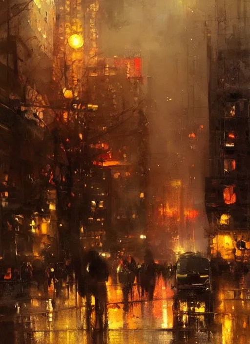 Image similar to a beautiful painting by jeremy mann of a city by night, warm colors