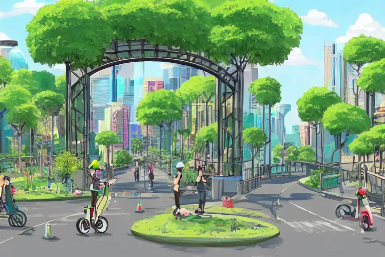 Prompt: an optimistic futuristic city street with one or two mini cannabis pot - plant few cute leaves, scenic streams, idyllic crossing bridges and people riding e - scooters, pop motifs, by ghibli