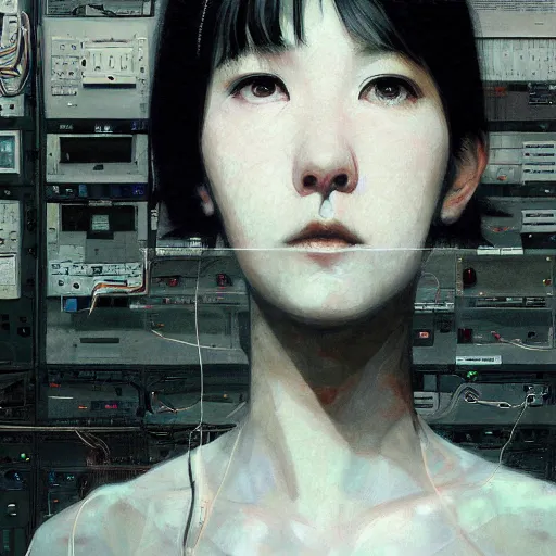 Image similar to portrait of lain iwakura connected to a room full of cables computers and displays by ruan jia and joao ruas. atmospheric