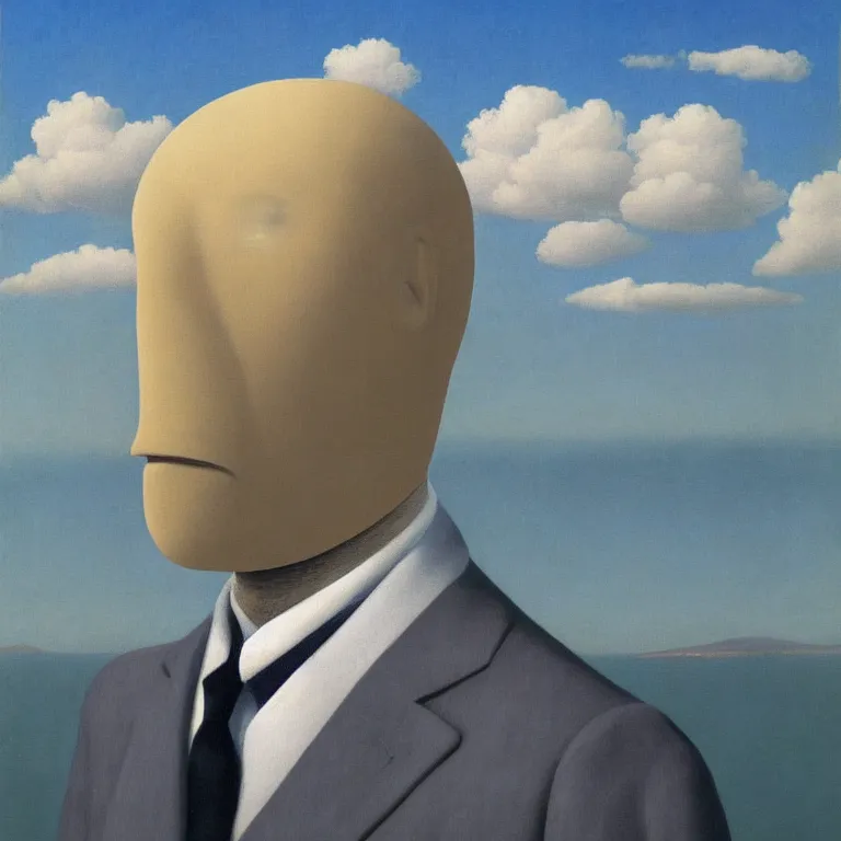 Image similar to portrait of a faceless fish - head man in a suit, clouds in the background, by rene magritte, detailed painting, distance, centered, hd, hq, high resolution, high detail, 4 k, 8 k