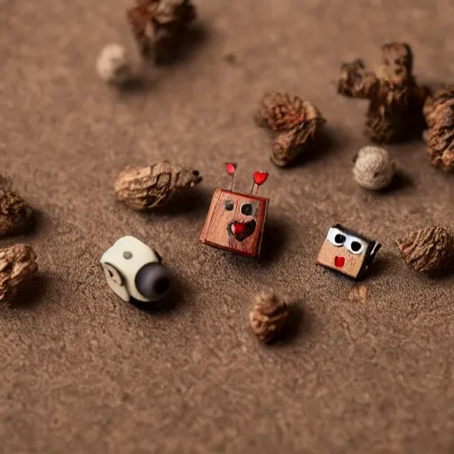 Image similar to an absolutely adorable tiny wooden robot has fallen in love with an acorn, octane, tilt shift, hearts, googly eyes, twee