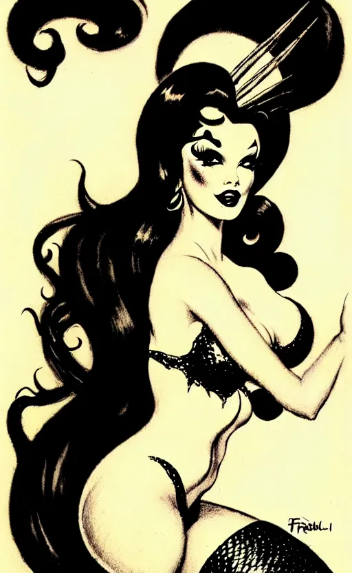 Prompt: mermaid with a detailed face and black hair, burlesque psychobilly, rockabilly, punk, white background, drawing, illustration by frank frazetta