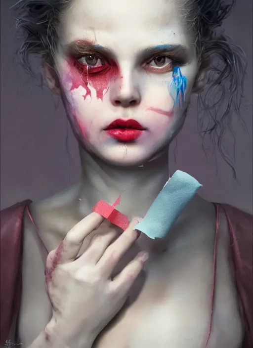 Image similar to portrait of sinister girl with pouty aerochrome lips, bodachs, unforgivable, cute bandaid on nose!!, expressive eyes, full body, deathly skin, greg rutkowski, charlie bowater, yuumei, stephen gammell, unreal 5, daz, hyperrealistic, octane render, rpg portrait, dynamic lighting, fantasy art, beautiful face