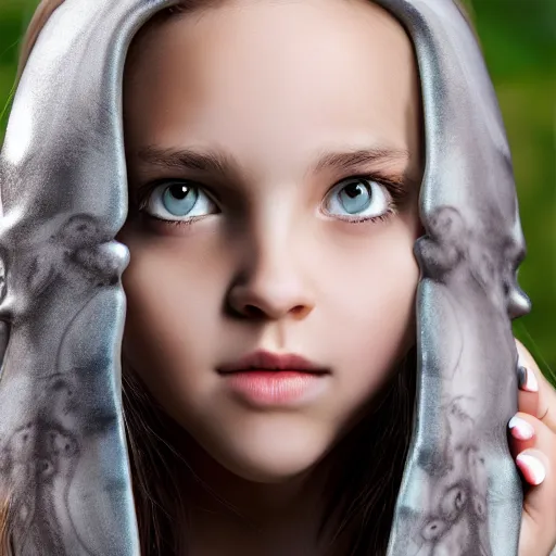 Image similar to A girl with a gray octopus for hair, very young and beautiful face, silver eyes, HD, hyper realistic