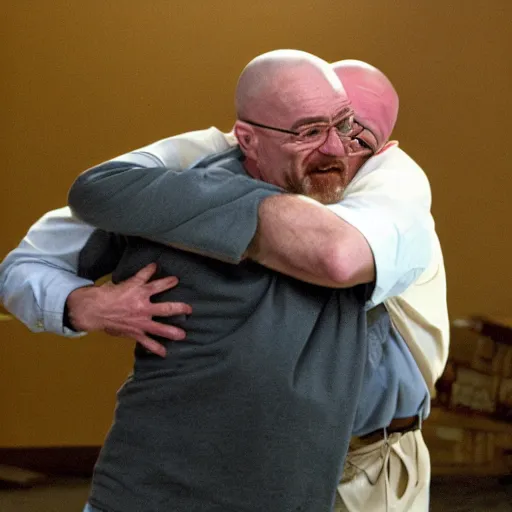 Prompt: Michael Ehrmantraut hugging walter white from behind wrestling breaking bad