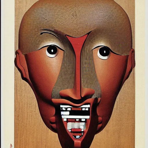 Prompt: A beautiful kinetic sculpture of a giant head. The head is bald and has a big nose. The eyes are wide open and have a crazy look. The mouth is open and has sharp teeth. The neck is long and thin. chestnut, Akkadian by Bruno Munari, by Kunisada fine