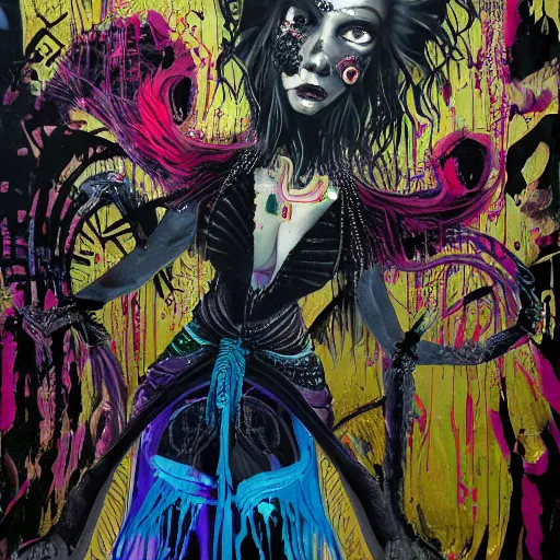 Image similar to ( high definition highly detailed baroque cyberpunk shamaness, varnished oil paint in bright colors on black background with small background color splatters, by katsuhiro otomo ) as graffiti on the wall