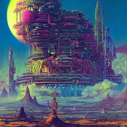 Prompt: a temple on a strange planet, by bruce pennington,, by kilian eng, by sam freio, by thomas rome, by victor mosquera, juxtapoz, behance, dayglo, prismatic