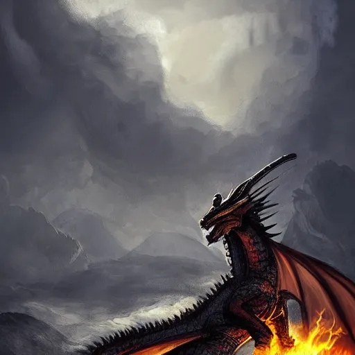 Image similar to a knight with sword leaping on a dragons back as the dragon breathes fire and inflames the ground beneath him, smoke everywhere with castle in distance, stormy, raining, digital art, trending on artstation