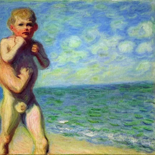 Image similar to a man carrying his child over his shoulders walking near the beach, anatomically correct, painting by monet, masterpiece