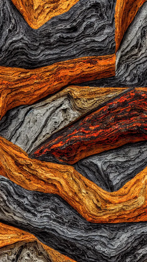 Image similar to vivid color, folded, tessellated planes of rock, alien sedimentary schematic, igneous rock, marbled veins, 3D diorama architectural drawing with layers of strata, ochre, sienna, black, gray, olive, mineral grains, dramatic lighting, rock texture, sand by James jean, geology, octane render in the style of Luis García Mozos