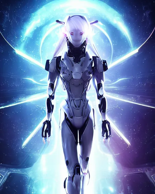 Image similar to photo of a android girl on a mothership, warframe armor, beautiful face, scifi, nebula, futuristic background, galaxy, raytracing, dreamy, focused, sparks of light, pure, long white hair, blue cyborg eyes, glowing, 8 k high definition, insanely detailed, intricate, innocent, art by akihiko yoshida, li zixin, woo kim