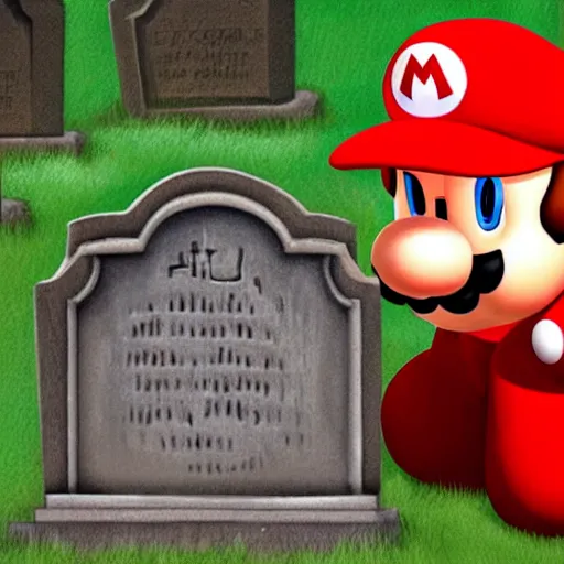 Prompt: An elderly Mario wearing his red cap kneels in a graveyard. In front of him, there is a tombstone with a drawing of Yoshi\'s head chiseled into it. The trees in the graveyard are bare. The art evokes a sensation of loss and nostalgia. Digital art