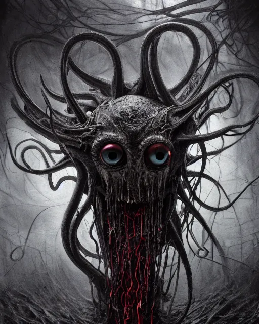 Prompt: gruesome creature with long tentacles and many eyes, endless eye, glowing eyes, too many eyes, midnight fog - mist!, dark oil painting colors, realism, cinematic lighting, various refining methods, micro macro autofocus, ultra definition, award winning photo, photograph by ghostwave - gammell - giger - shadowlord