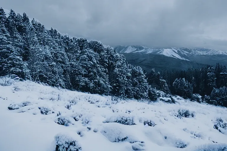 Prompt: landscape in snowy mountain by benjamin hardman