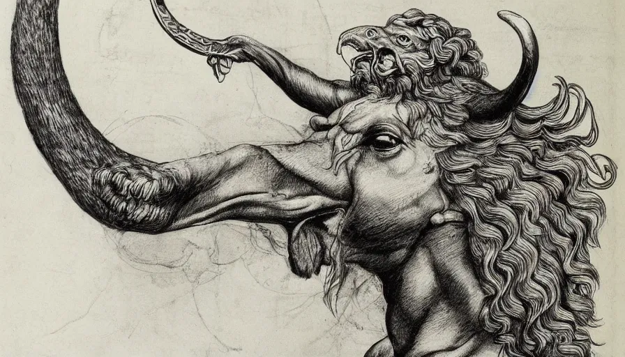 Image similar to human / eagle / lion / ox hybrid. horns, beak, mane, human body. drawn by da vinci