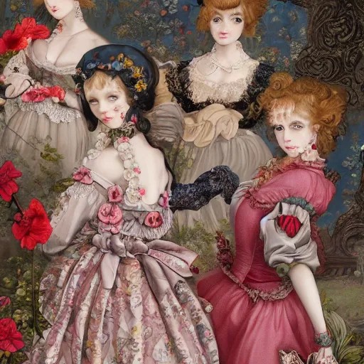 Prompt: 8k, realism, renaissance, rococo, baroque, group of creepy young ladies wearing renaissance long harajuku manga dress with flowers and skulls, background chaotic flowers