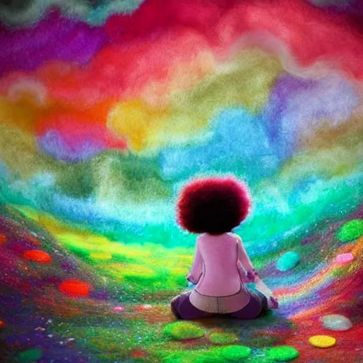 Prompt: a black girl with a colorful afro and rainbow eyes, in a candy forest! at night!, bokeh!!, bright colours, watercolor, volumetric wool felting, macro photography, children illustration, by goro fujita