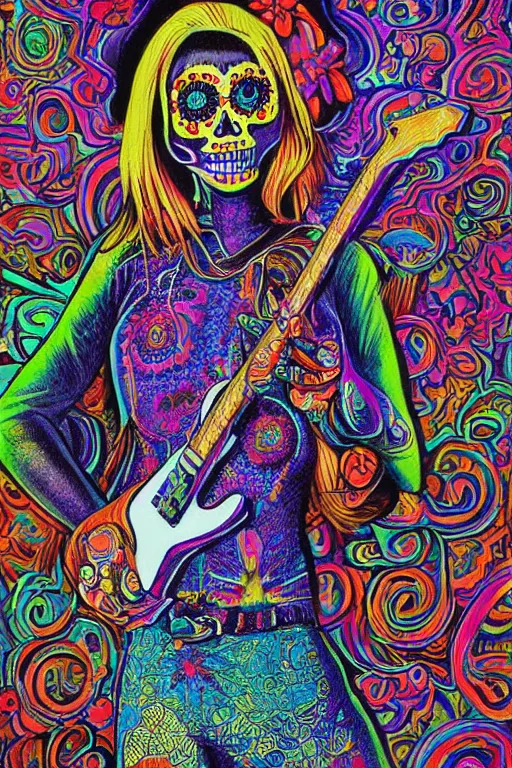 Prompt: realistic detailed psychedelic poster art of a cute Día de los Muertos girl playing electric guitar by Victor Moscoso Rick Griffin Art Noveau, masterpiece