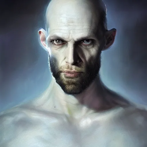 Image similar to portrait of a pale alien cultist, intimidating man, large fish eyes, high forehead, smooth waxy skin, slick clammy skin, ominous, eldritch. oil painting by nuri iyem, james gurney, james jean, greg rutkowski, highly detailed, soft lighting, chiaroscuro