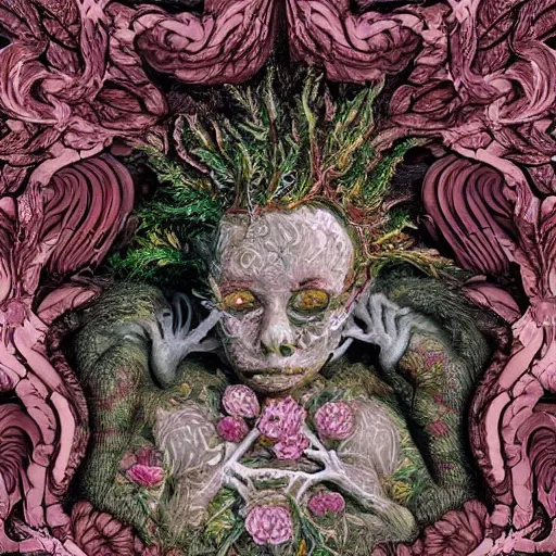 Prompt: a beautiful detailed rococo 8 0's photo of a rotten woman corpse with face muscles, veins, arteries, fractal plants and fractal flowers and mushrooms growing around, intricate, ornate, volumetric light, beautiful lit, beetlejuice