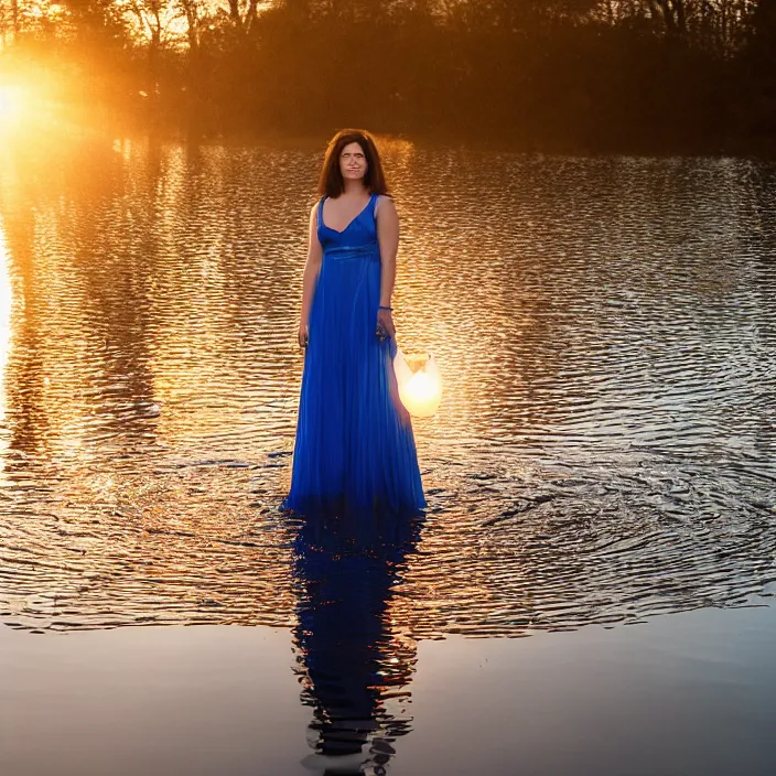 Image similar to a closeup portrait of a woman wrapped in plastic, standing next to a levitating blue sapphire orb, in a foggy pond, golden hour, dusk, color photograph, by vincent desiderio, canon eos c 3 0 0, ƒ 1. 8, 3 5 mm, 8 k, medium - format print